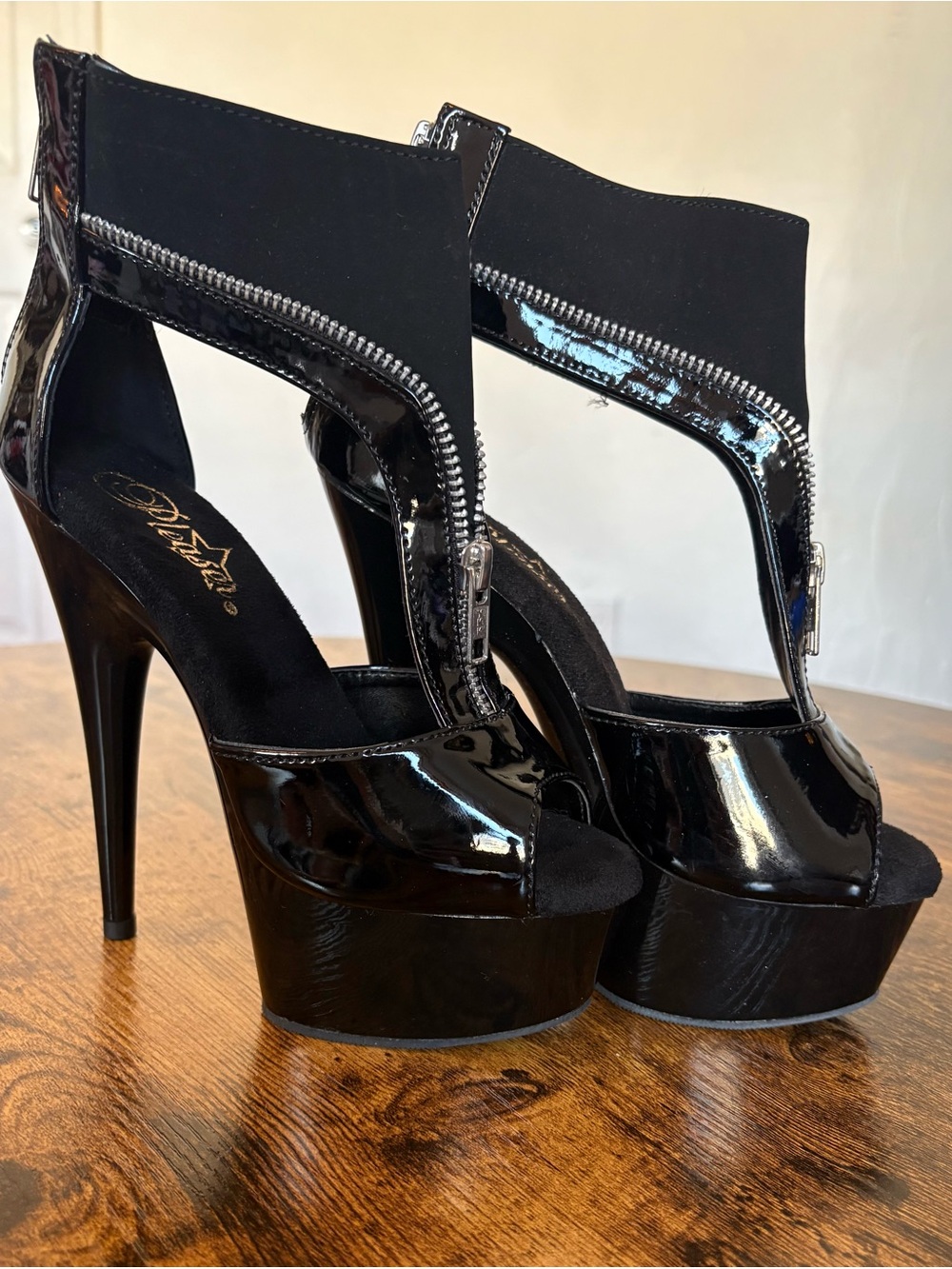 Pleaser Black Patent Platform Peep-Toe Stilettos with Zip Detail